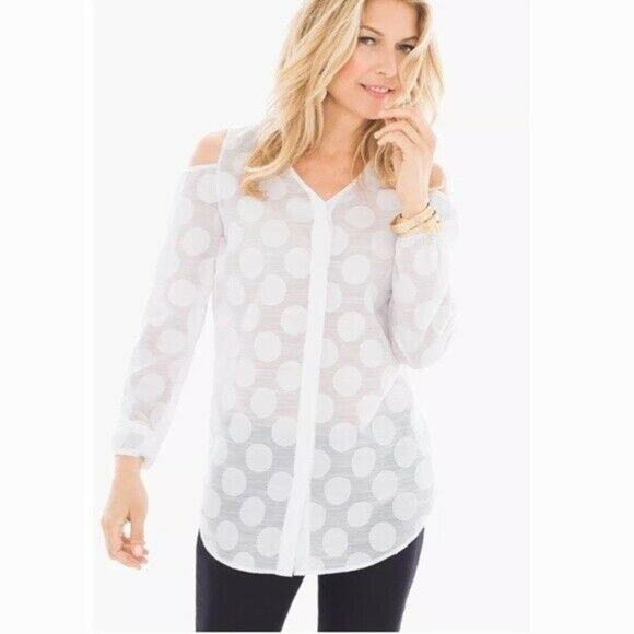 Chico's Textured Polka-Dot Cold-Shoulder Optic White Top Shirt Blouse Size 1 Med - Picture 1 of 9